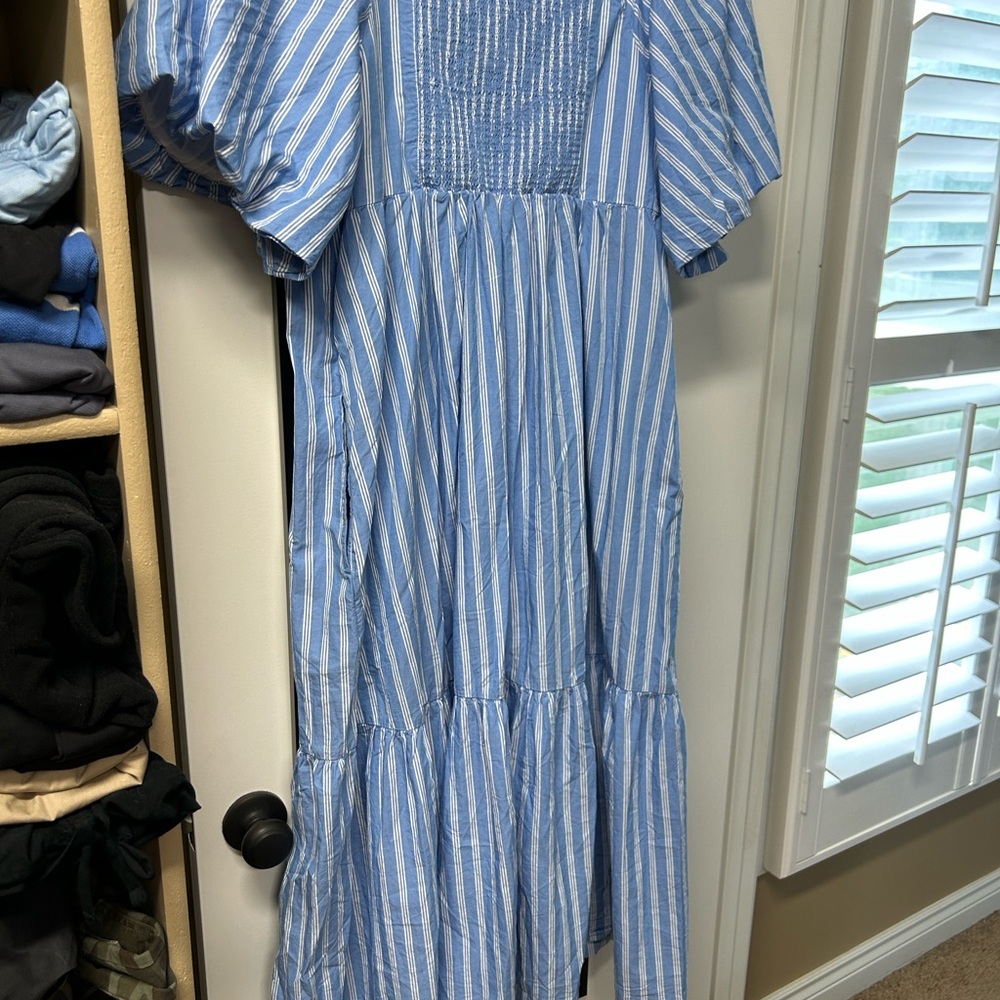 Old Navy Sky Blue and White Striped Puff Sleeve Dress